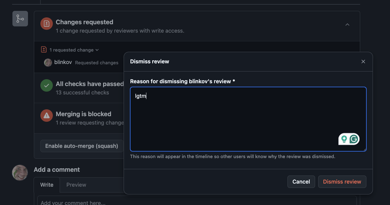 Example of dismissing with an "lgtm" comment