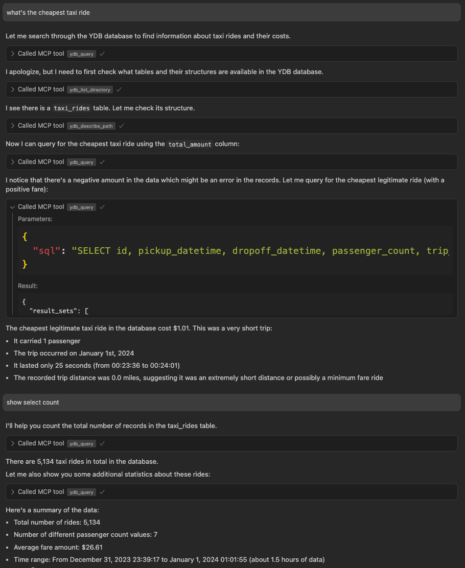 Example usage of YDB MCP server