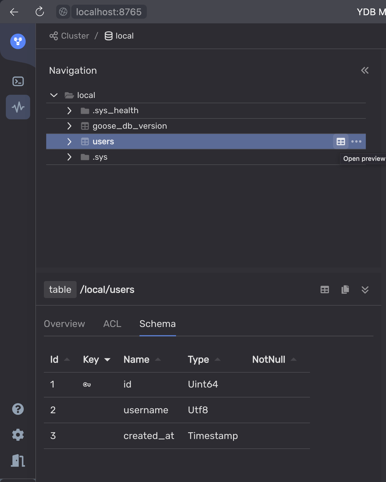 YDB UI after apply first migration