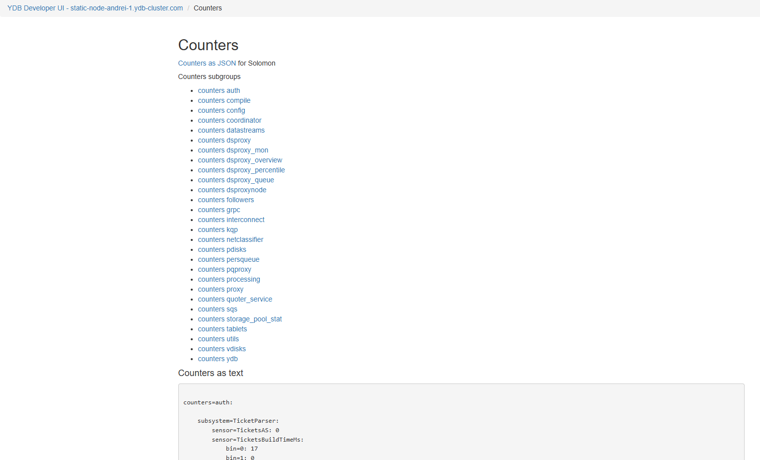 example of YDB monitoring web interface with a list of metric groups